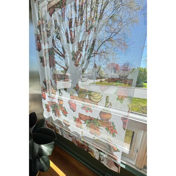 Vintage 60s curtain, fruits, baskets and wine bottles, kitchen panel, rod header - Picture 9 of 10
